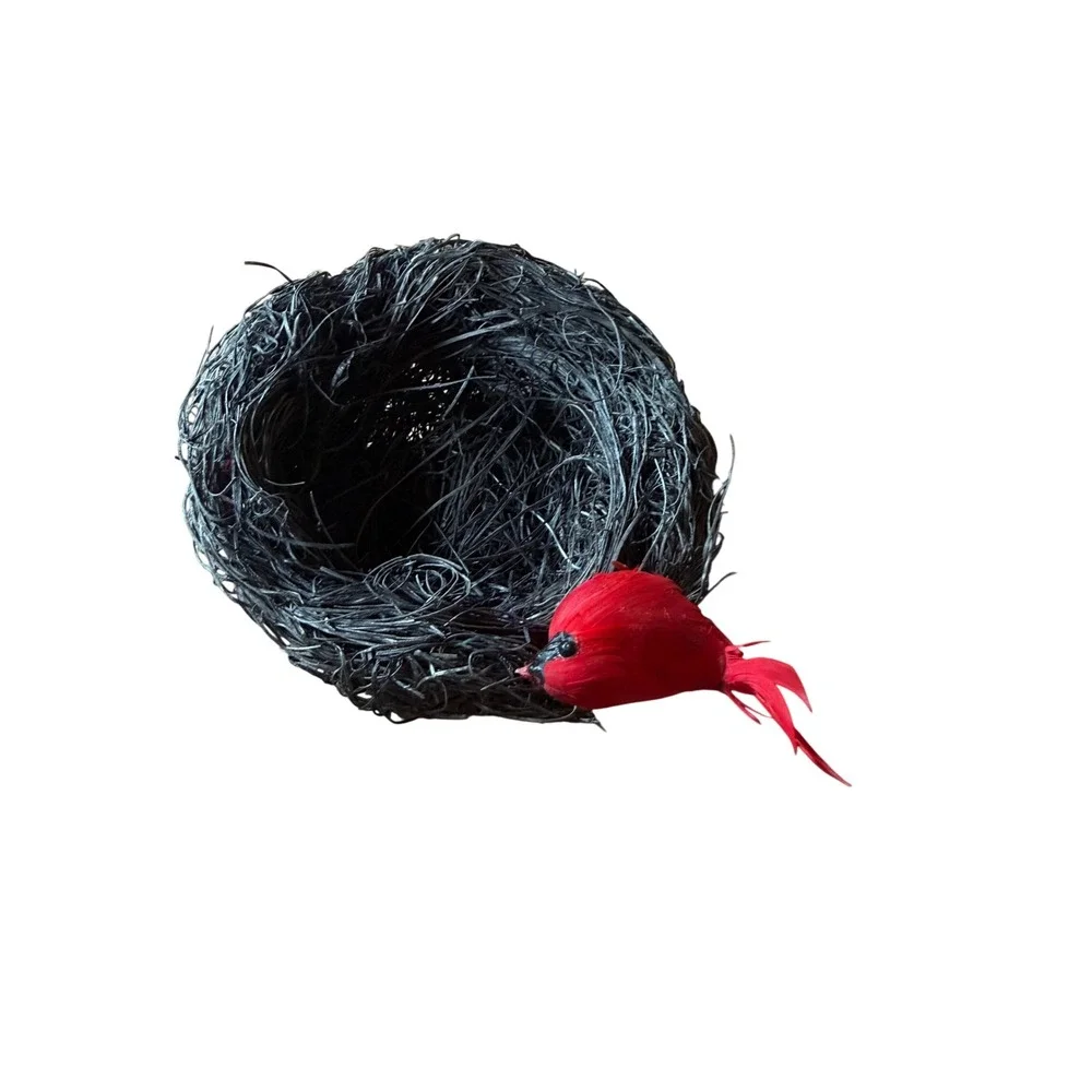 Decorative Black Woven Twig Bird Nest with Red Cardinal Figurine Rustic Decor